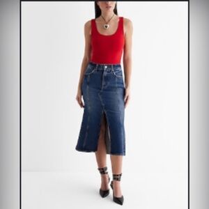 NEW SUPER HIGH WAISTED FLARE HEM FRONT SLIT MIDI DENIM SKIRT